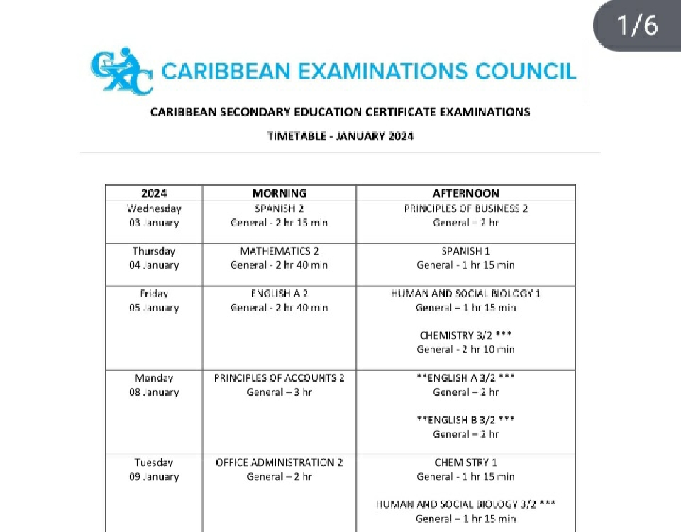 CARIBBEAN SECONDARY EDUCATION CERTIFICATE (CSEC) EXAMINATIONS TIMETABLE
